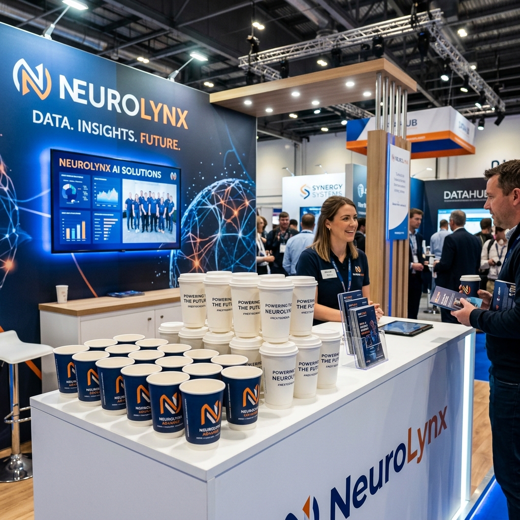 Neatly arranged branded cups at a modern exhibition promotional stand.