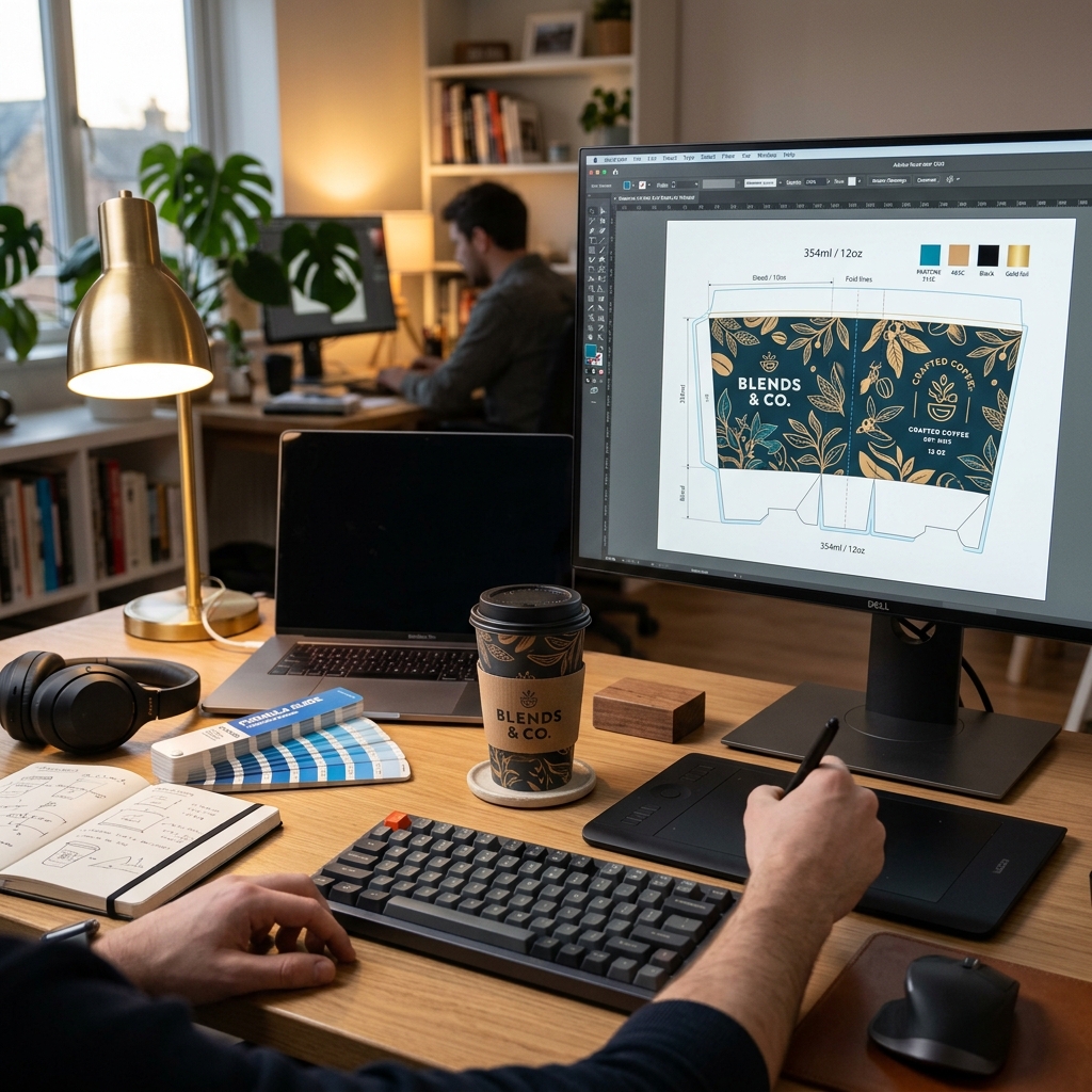 A designer working on digital paper cup artwork templates on a screen.