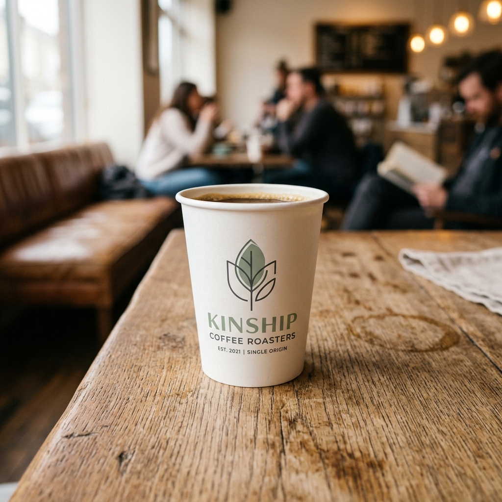 A custom branded paper coffee cup without a sleeve on a rustic café table.