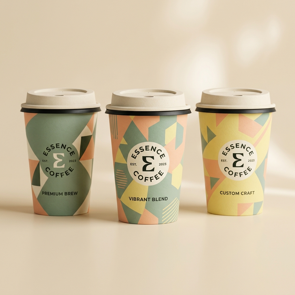Striking custom branded paper cups showcasing vibrant artwork.