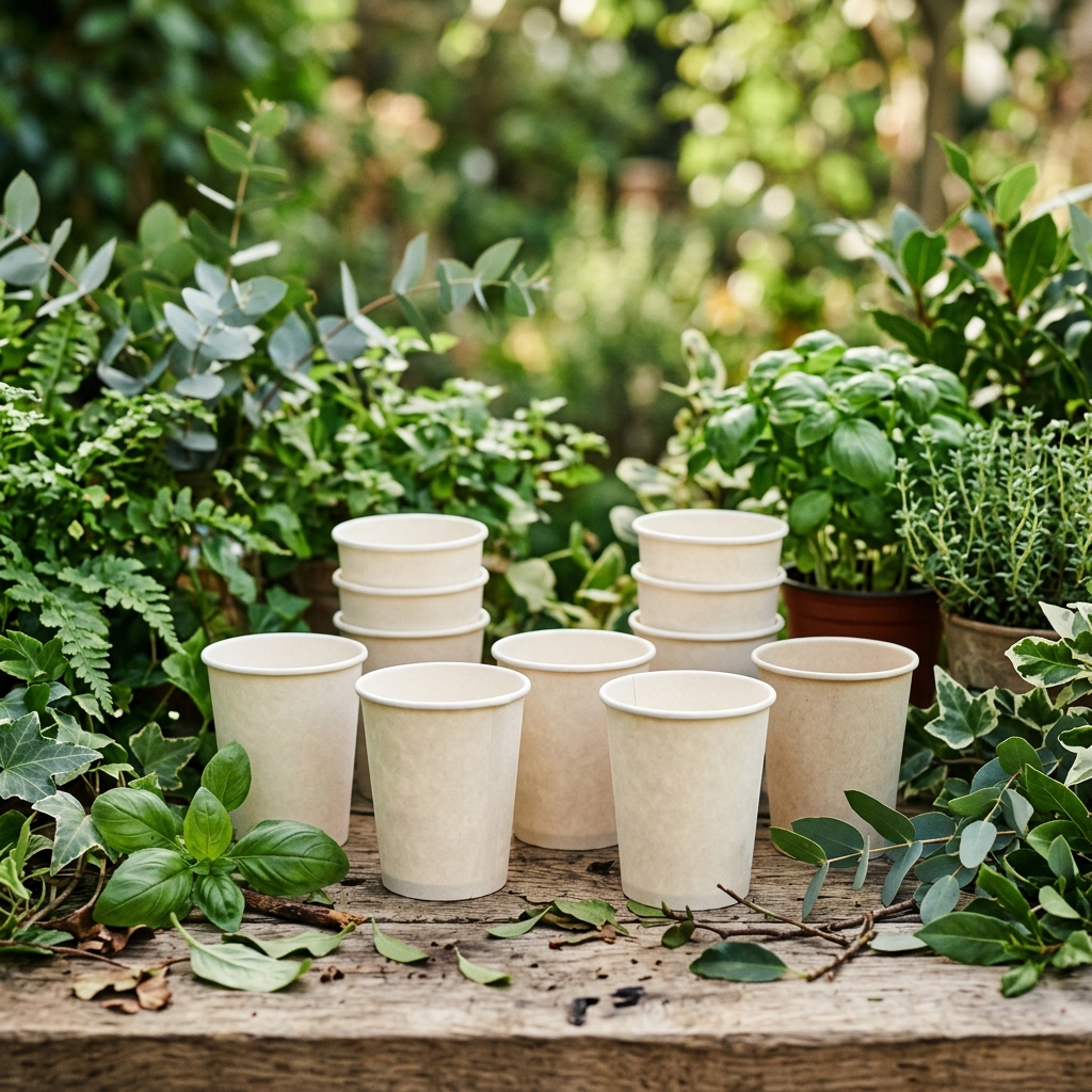Eco-friendly paper cups arranged on a natural wooden surface with plants.